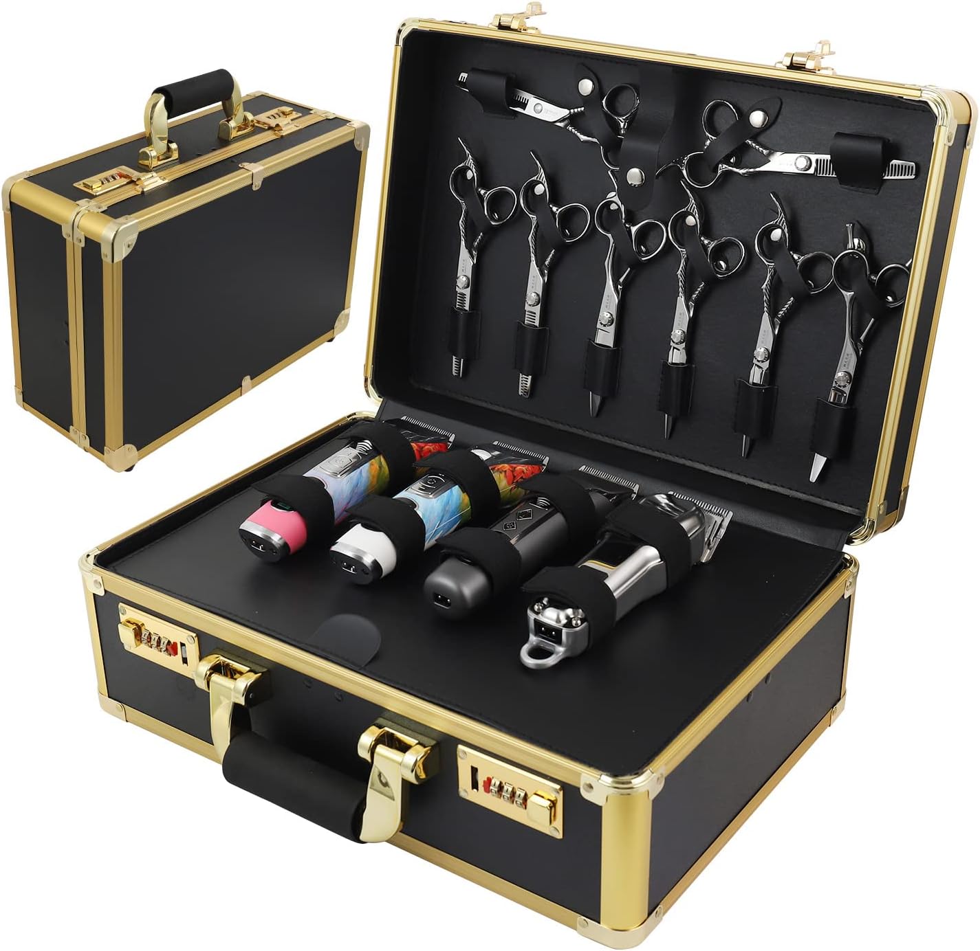 Barber Case Clipper Bag Gold, Hair Kit Tool Box Aluminum Organizer with Portable Handle and Secure Numlock